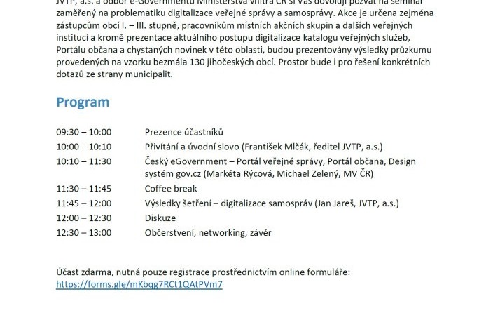 Pozvánka do JVTP na seminář Digitalizace veřejné správy a samospráv