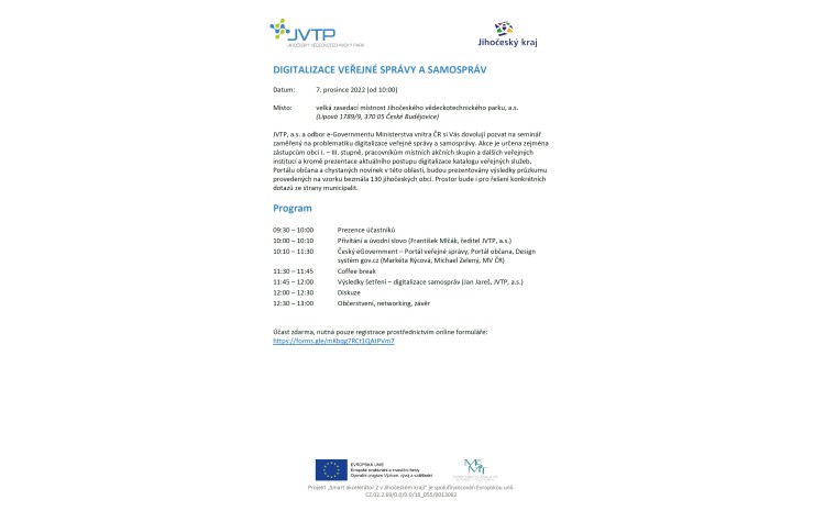 Pozvánka do JVTP na seminář Digitalizace veřejné správy a samospráv