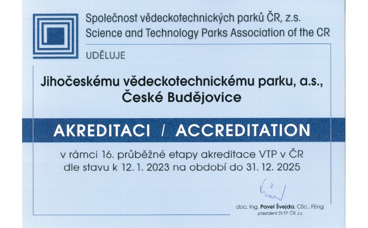 Akreditace vědeckotechnických parků ČR pro JVTP do roku 2025