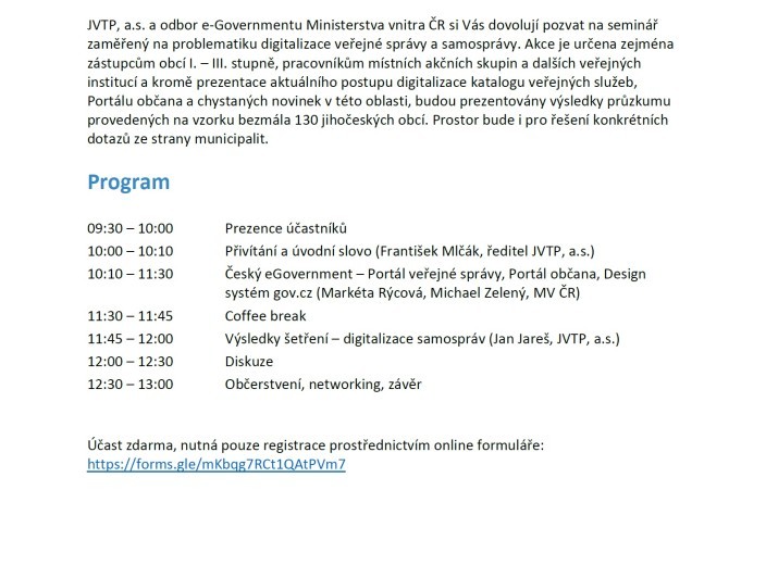 Pozvánka do JVTP na seminář Digitalizace veřejné správy a samospráv
