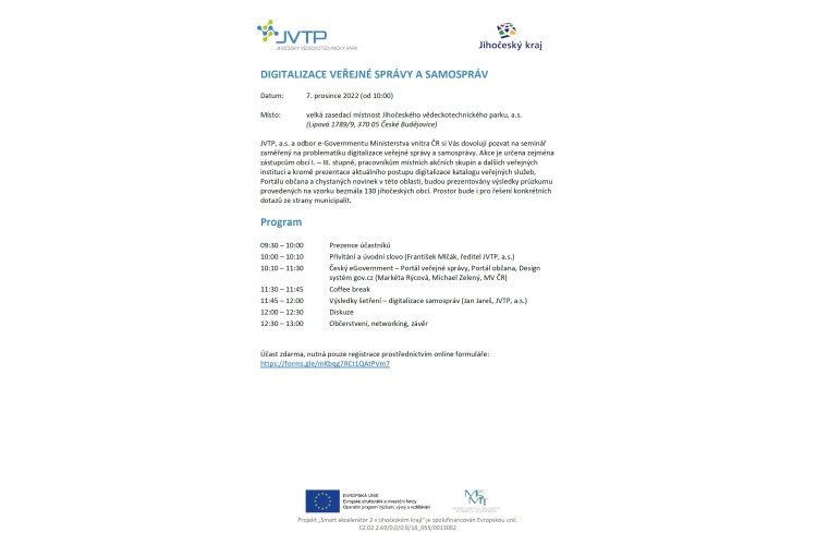Pozvánka do JVTP na seminář Digitalizace veřejné správy a samospráv