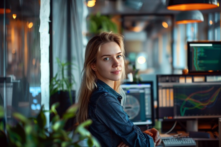 woman-sits-front-computer-with-plant-background