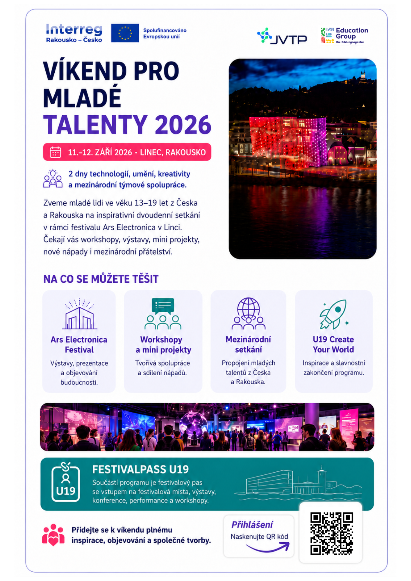 Pozvánka na Víkend pro mladé talenty 2026 s QR kódem pro přihlášení